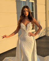 Shining White Mermaid V-Neck Sleeveless Beaded Floor-Length Panel Train Satin Wedding Dress